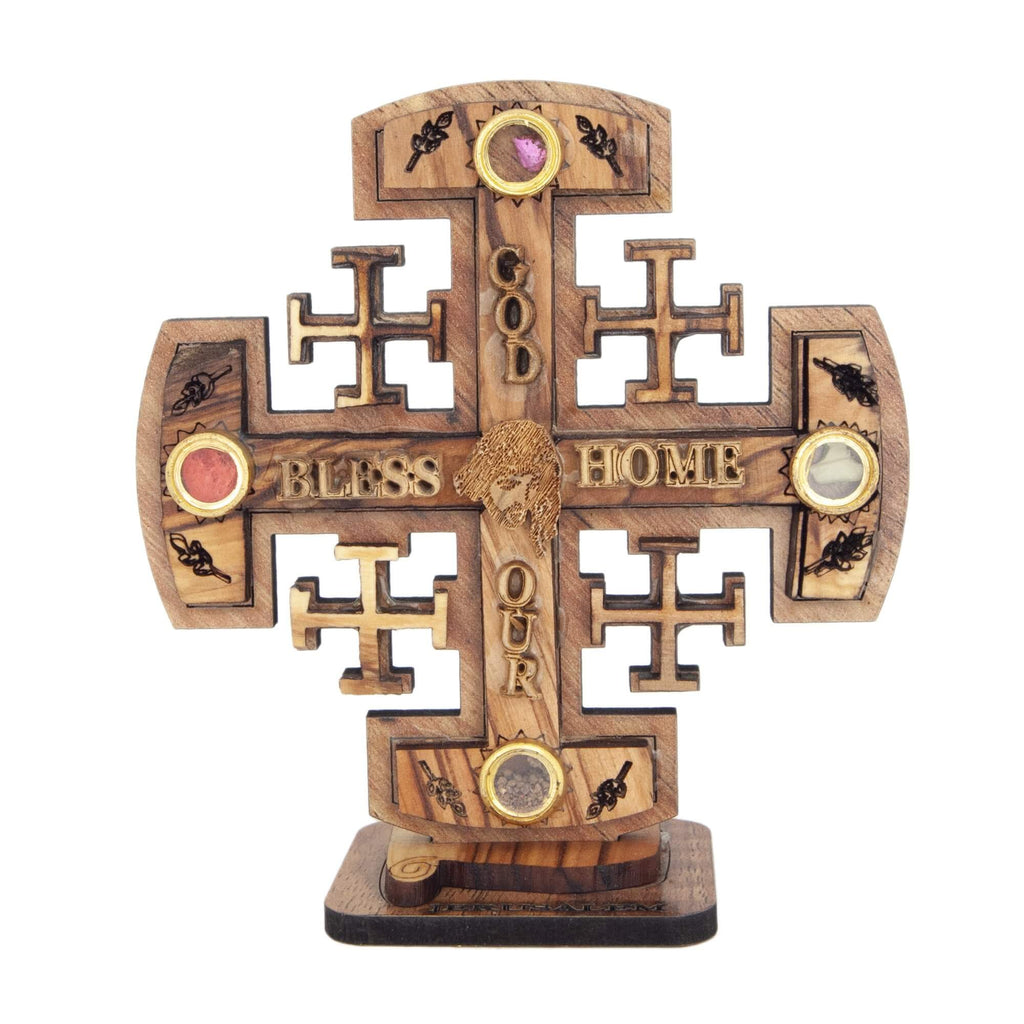 Jerusalem's Cross Olive Wood w/ Relics from Holy Land Hand Made Jerusalem 4.2"