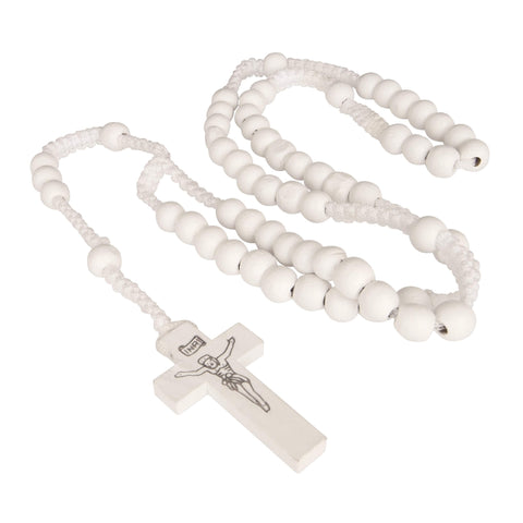 Catholic natural Wooden Prayer Beads White Rosary with Crucifix from Jerusalem 20"
