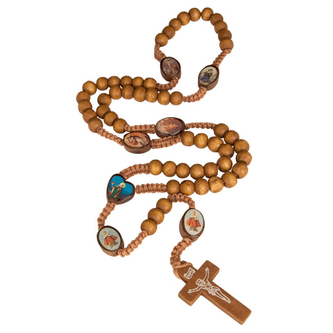 Natural Wood Rosary Beads w/ Cross Images of Saints From Jerusalem Holy Land 21"