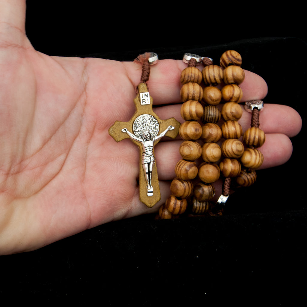 Rosary Prayer Beads Olive Wood Christian Order of St. Benedict Crucifix Necklace 17,5"