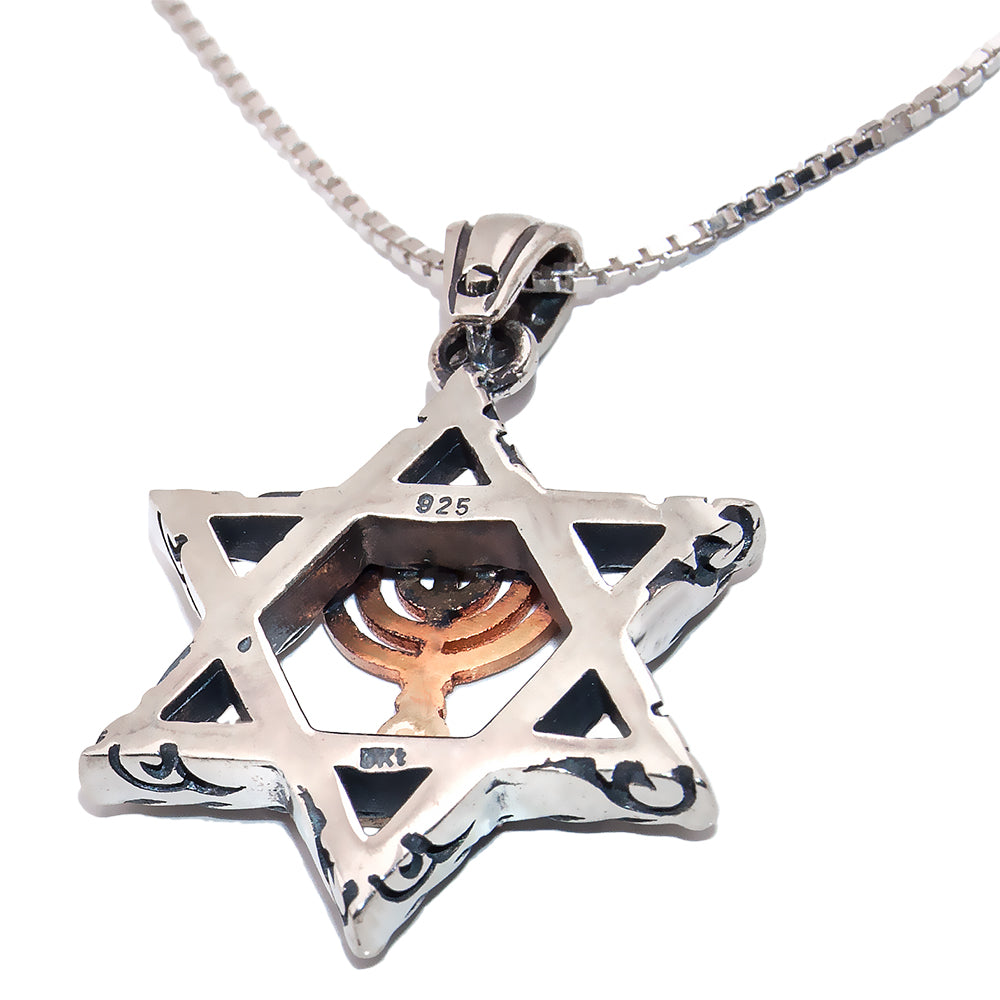 Silver 925 Jewish Necklace Magen David w/ Gold 9K Menorah Symbol Judaica Jewelry