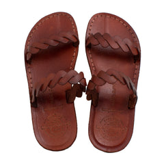 Women's Sandals Natural Genuine Leather Camel Strap w/ Braid Stripes