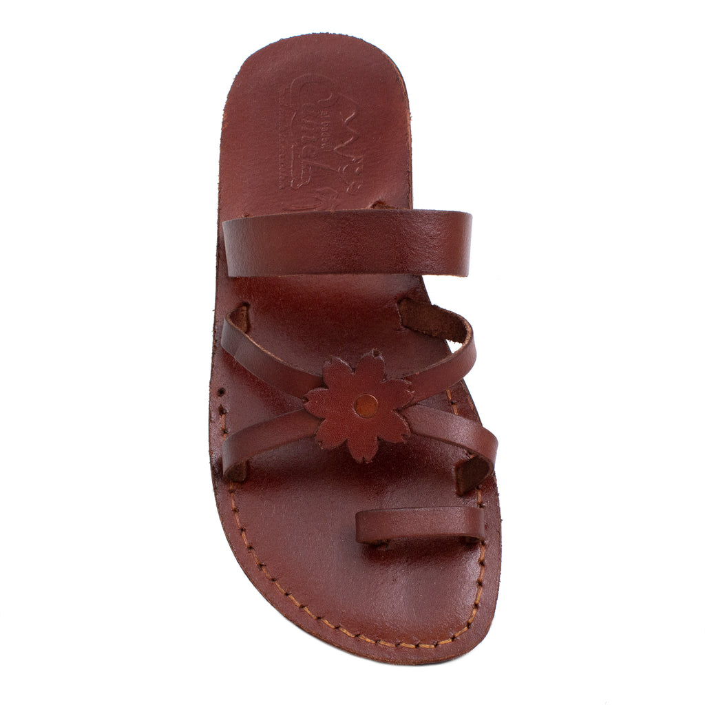 Women's Sandals Natural Genuine Leather Camel Strap w/Flower, Jerusalem