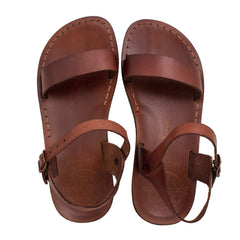 Jerusalem Men's Sandals Natural Genuine Camel Leather Strap Flat Three Stripes