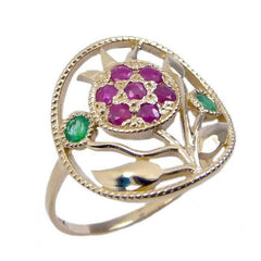 Jewish Ring w/ Pomegranate Amulet, Ruby & Emerald Gold 14k Handmade Kabbalah Talisman