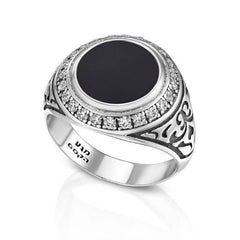 Jewish Ring w/ Onyx & Zircon Gemstones Judaica Round Seal Kabbalah Talisman Sterling Silver 925