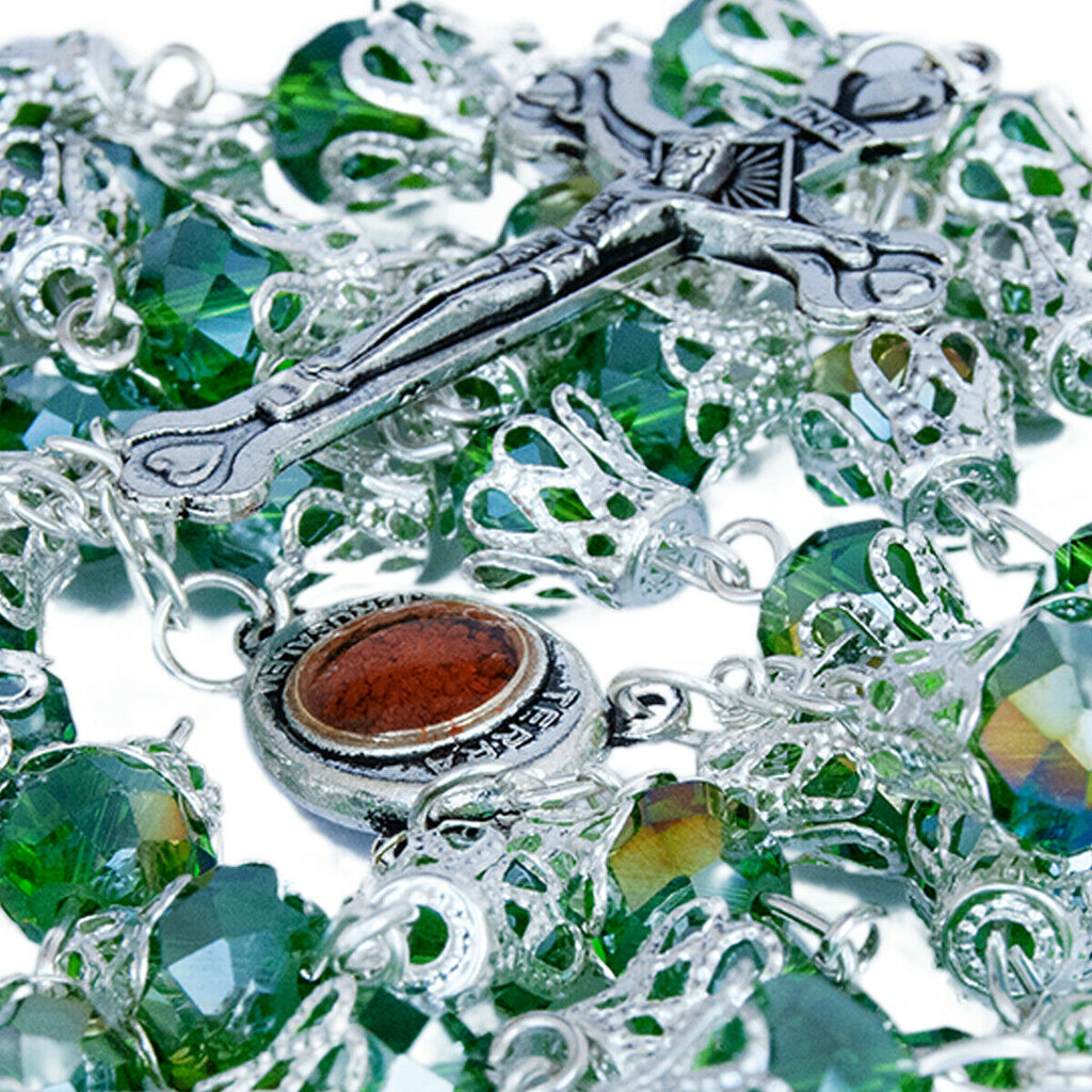 Rosary Beads Silver Rainbow Green Crystal w/Сrucifix & Holy Soil Jerusalem 23,5"
