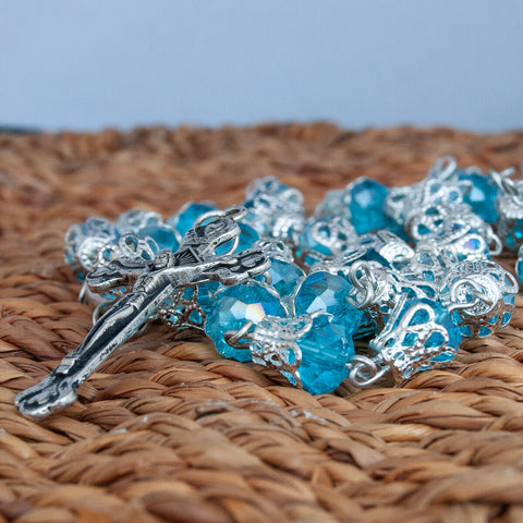Rosary Beads Light Blue Crystal w/Сrucifix & Holy Soil Jerusalem 23,5"