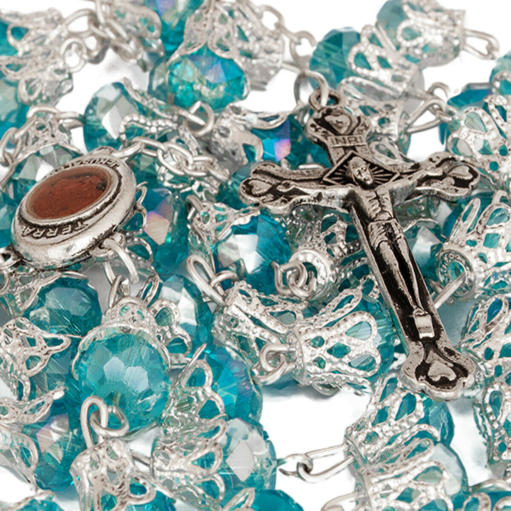 Rosary Beads Light Blue Crystal w/Сrucifix & Holy Soil Jerusalem 23,5"