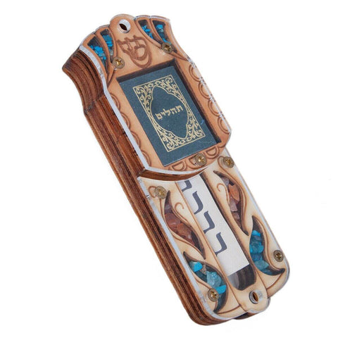 Handmade Wooden Car Mezuzah Case w/Gemstone and Non Kosher Scroll Tehillim 4"
