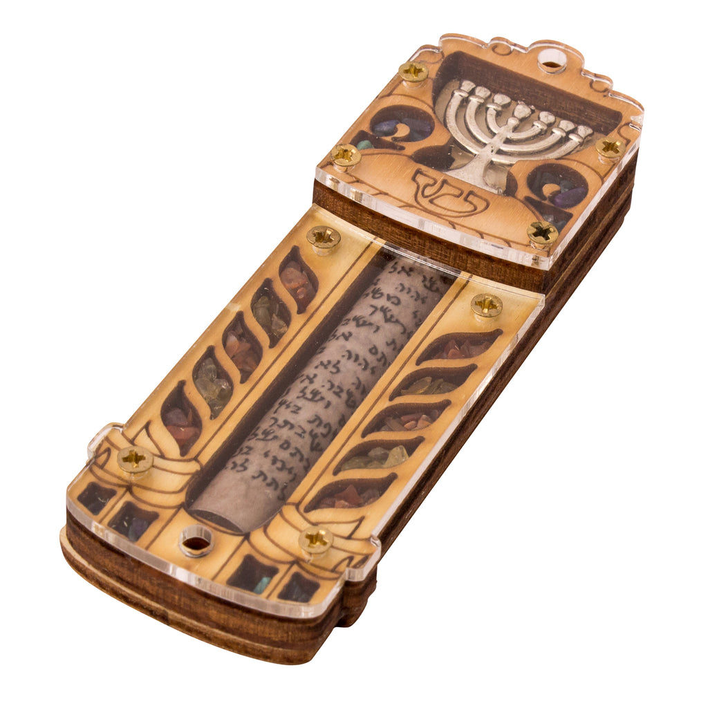 Natural Wood Car Mezuzah w/ Gemstones, Hanukkah Menorah & Star of David 4"
