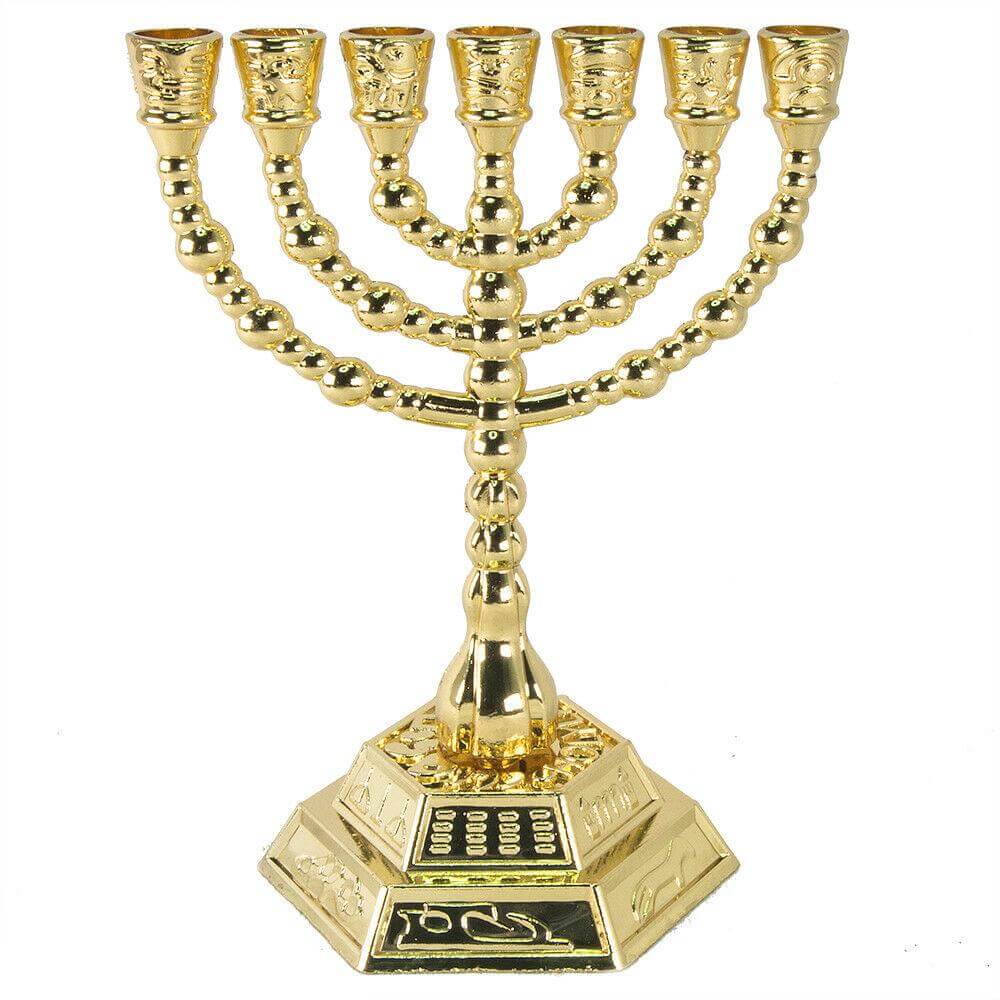 Gold Plated Menorah 7 Branch Candle Holder 12 Tribes Jerusalem Judaica