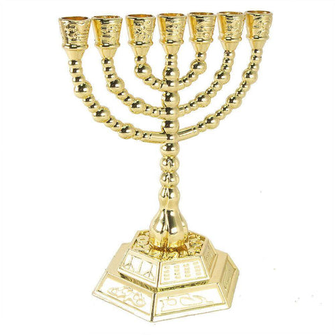 Gold Plated Menorah 7 Branch Candle Holder 12 Tribes Jerusalem Judaica