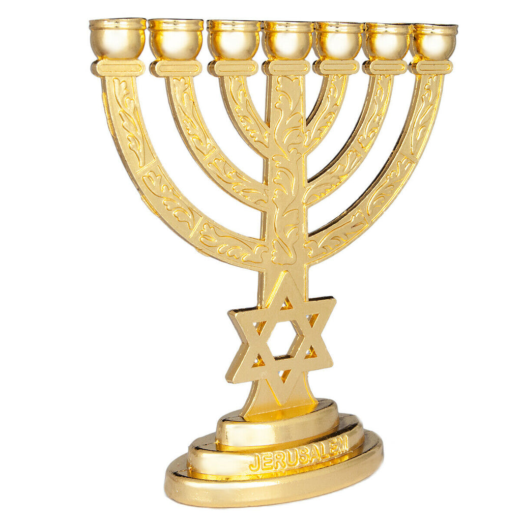 Menorah Gold Plated 7-Branched w/Star of David & Jewish Ornament Gift