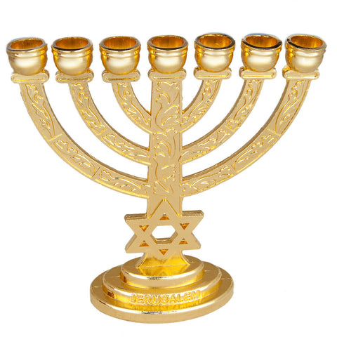 Menorah Gold Plated 7-Branched w/Star of David & Jewish Ornament Gift
