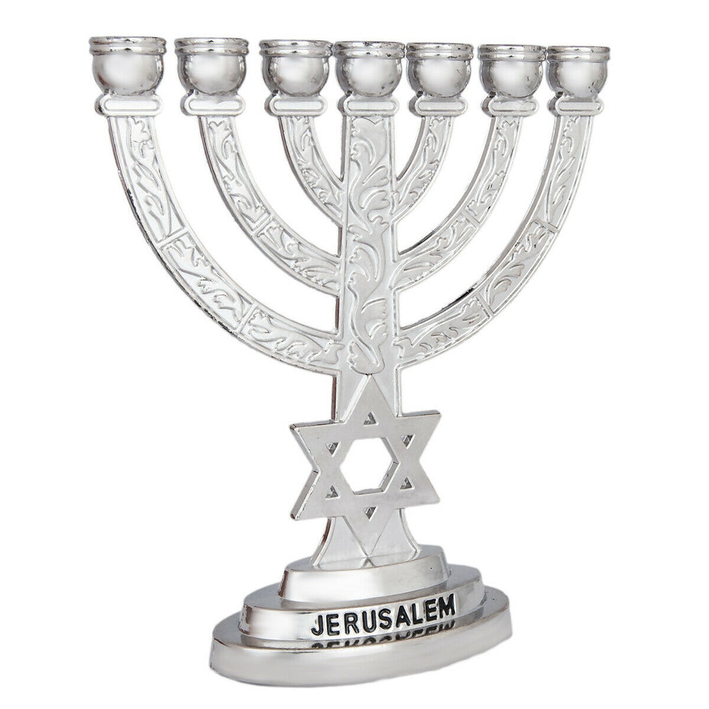 Menorah Silver Plated 7-Branched w/Star of David & Jewish Ornament Gift