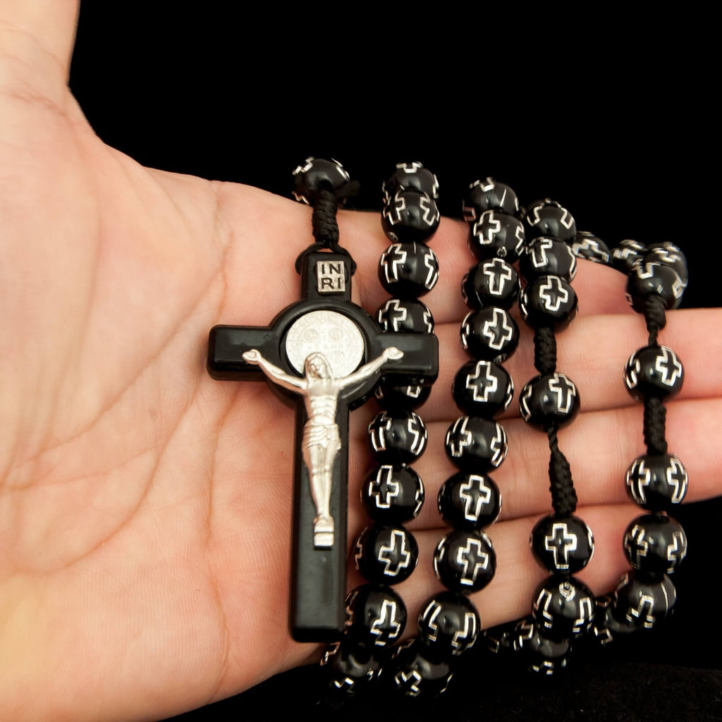 Black Rosary Beads Decorated with Cross Decor with Order of Saint Benedict 20"