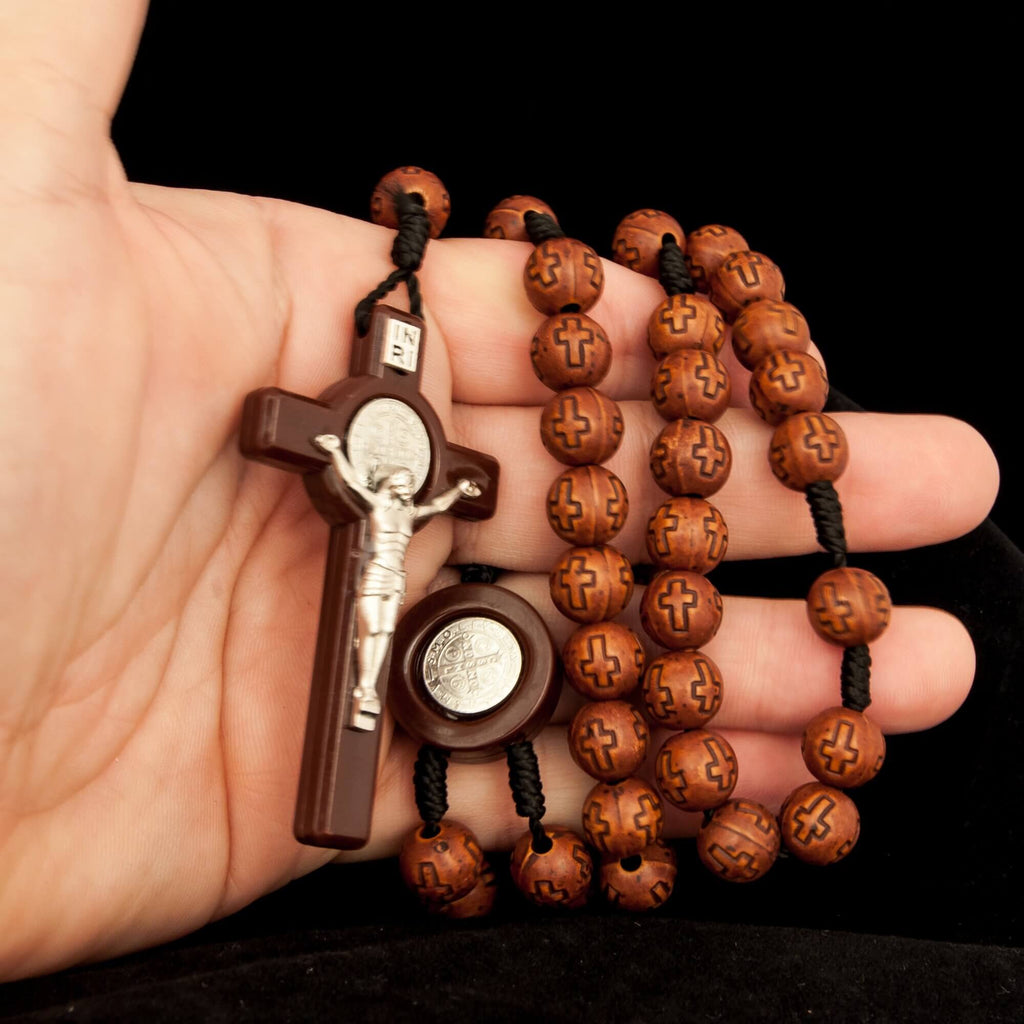 Brown Rosary Beads Decorated with Cross Decor with Order of Saint Benedict 20"