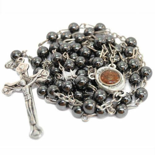 Hematite Rosary Beads Prayer Knot with Crucifix and Holy Soil from Jerusalem 18,5"
