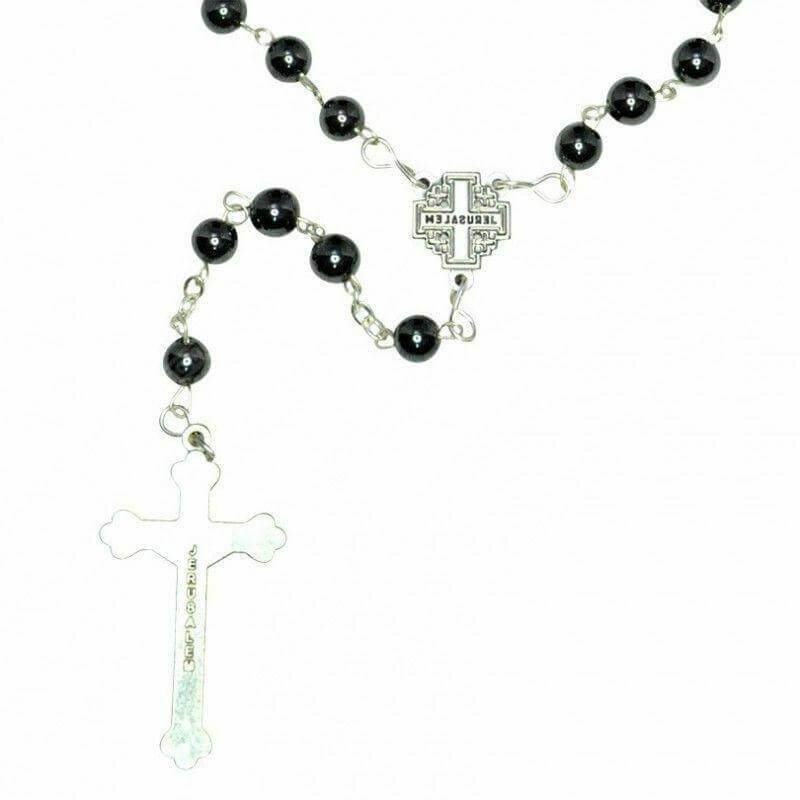 Hematite Rosary Beads Prayer Knot with Crucifix and Holy Soil from Jerusalem 18,5"