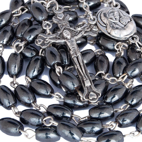 Hematite Rosary Beads Prayer Knot w/Crucifix and Holy Soil from Jerusalem 18,5"