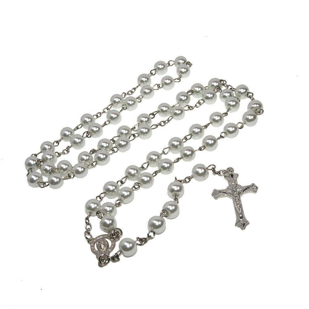 Catholic White Pearl Rosary Beads Prayer Necklace Crucifix Holy Land 21,5"