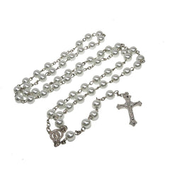Catholic White Pearl Rosary Beads Prayer Necklace Crucifix Holy Land 21,5
