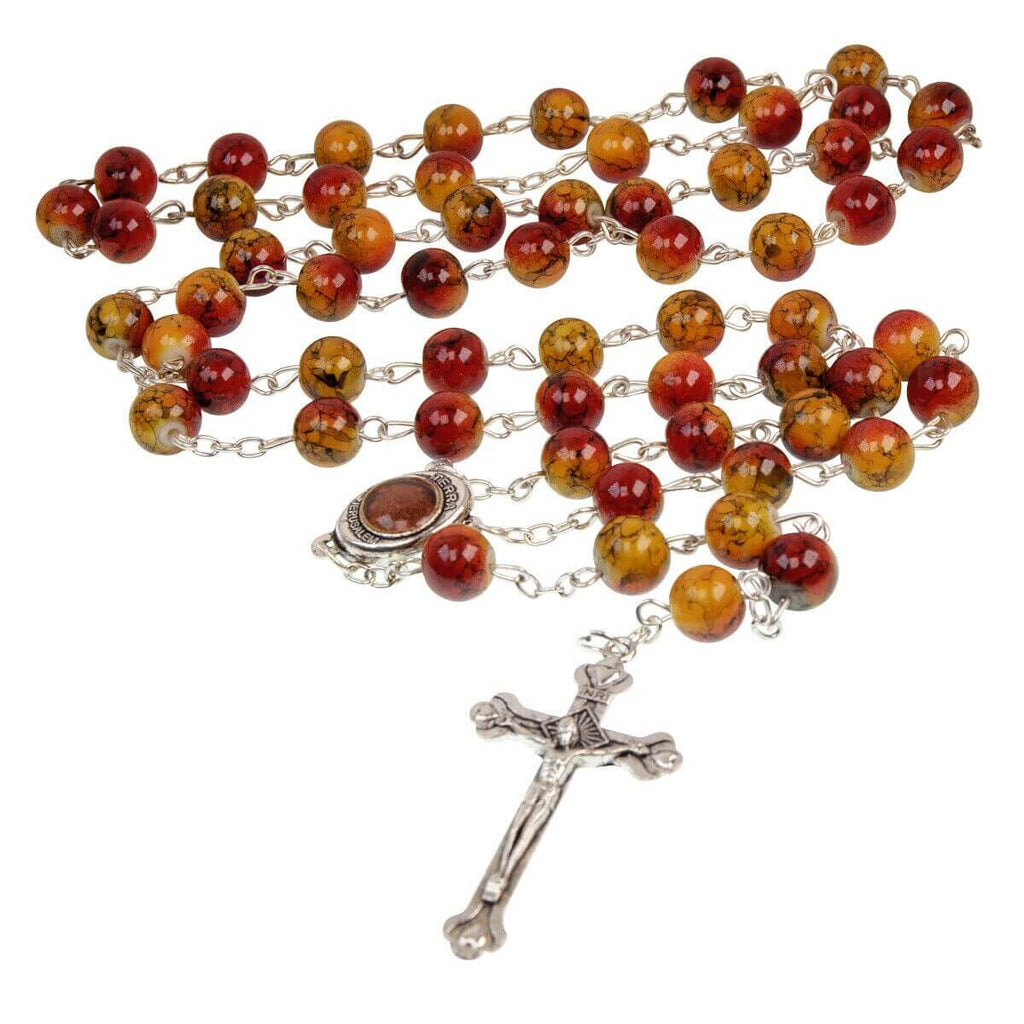 Catholic Faux Red Orange Stone Rosary Beads Crucifix & Holy Soil from Jerusalem 22,5"