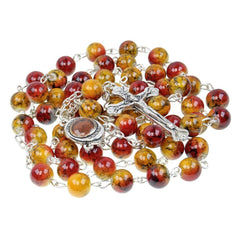 Catholic Faux Red Orange Stone Rosary Beads Crucifix & Holy Soil from Jerusalem 22,5"