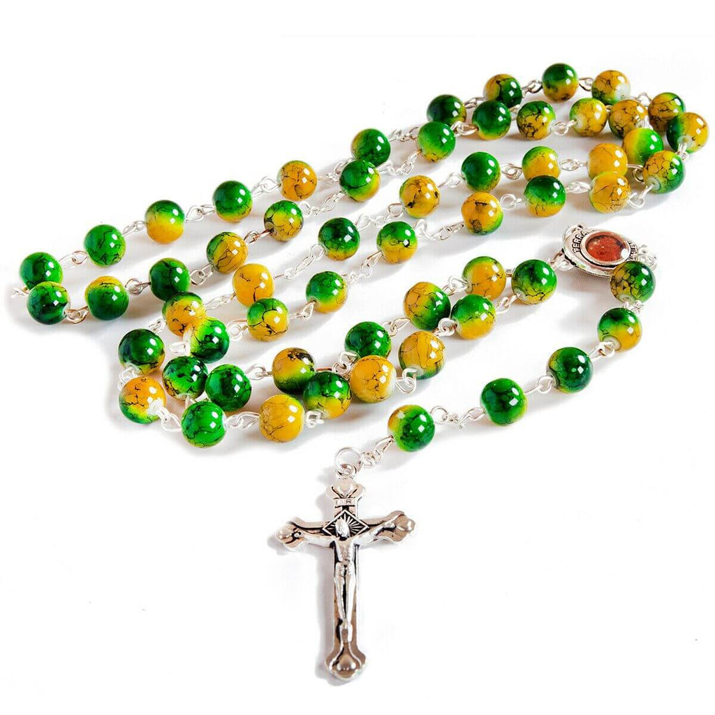 Catholic Faux Green Yellow Stone Rosary Beads Crucifix & Holy Soil Jerusalem 22,5"