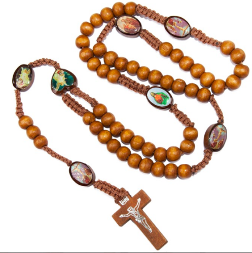 Natural Wood Rosary Beads w/ Cross Images of Saints From Jerusalem Holy Land 21"