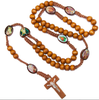 Image of Natural Wood Rosary Beads w/ Cross Images of Saints From Jerusalem Holy Land 21"