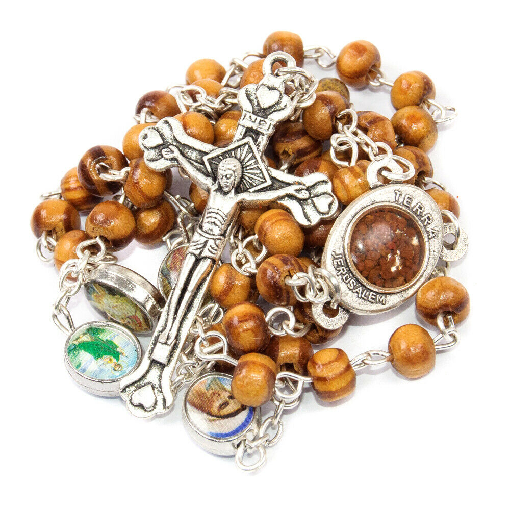 Olive wood Handmade Rosary beads Prayer Knot with Holy Soil from Jerusalem 17"