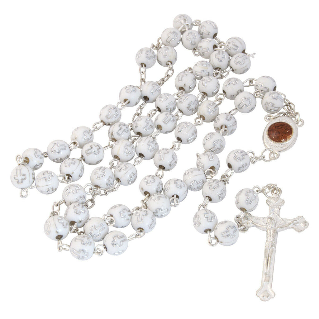 White Rosary Beads with Cross Decor and Holy Soil from Jerusalem 21,5"