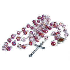 Rosary Beads Silver Rainbow Red Crystal w/Сrucifix & Holy Soil Jerusalem 23,5