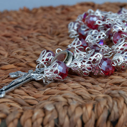 Rosary Beads Silver Rainbow Red Crystal w/Сrucifix & Holy Soil Jerusalem 23,5"