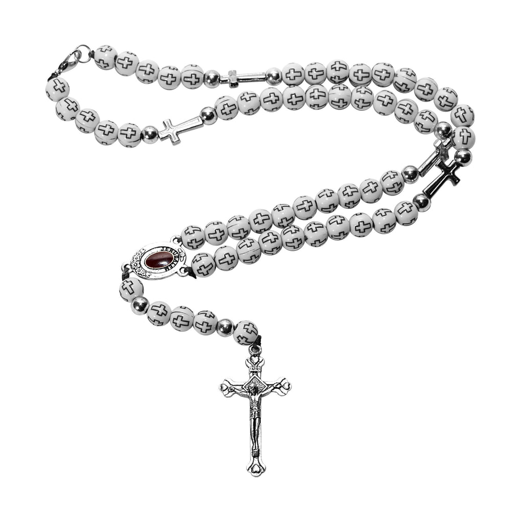 Catholic White Rosary Pendant Beads with Cross Decor and Holy Soil Jerusalem 14"