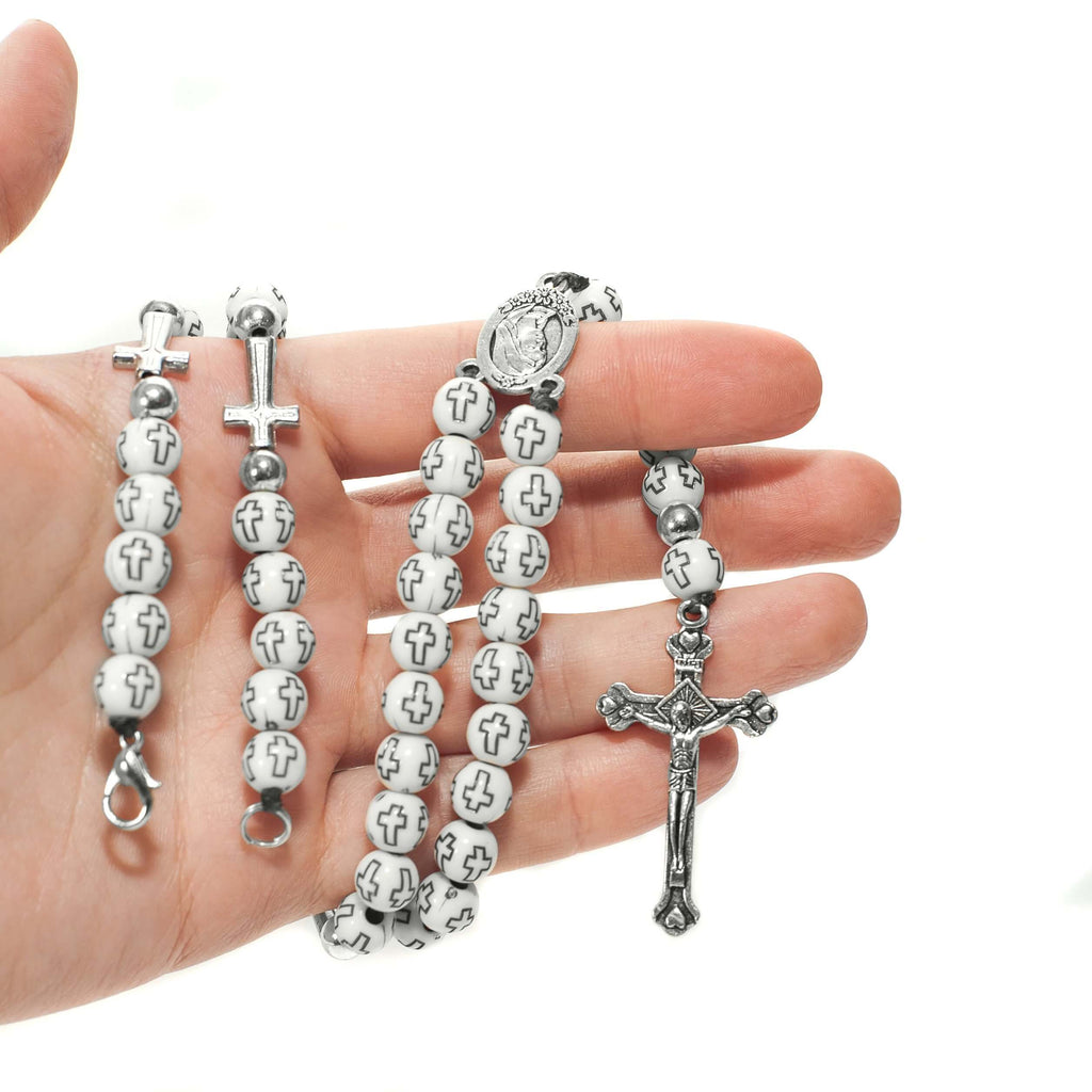 Catholic White Rosary Pendant Beads with Cross Decor and Holy Soil Jerusalem 14"