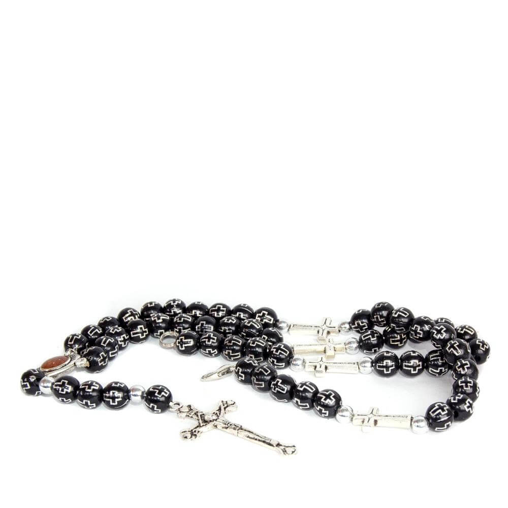 Black Catholic Rosary Pendant Beads with Cross Decor and Holy Soil Jerusalem 14"