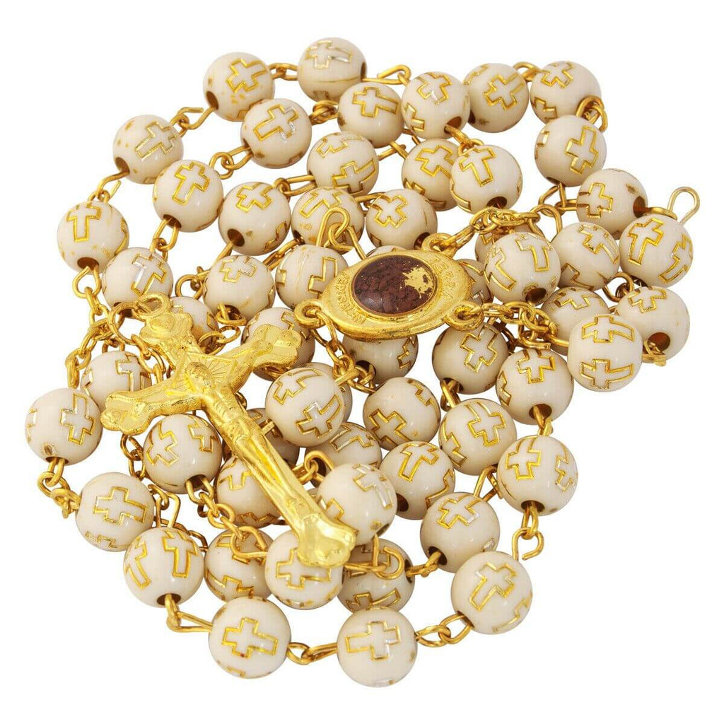 Beige Rosary Beads with Cross Gold Plated and Holy Soil from Jerusalem 22"