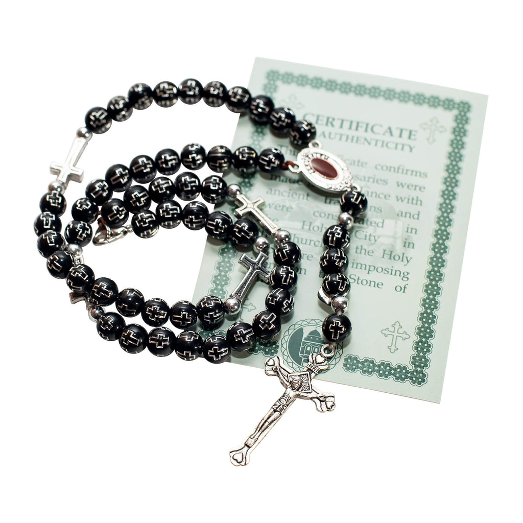 Black Catholic Rosary Pendant Beads with Cross Decor and Holy Soil Jerusalem 14"