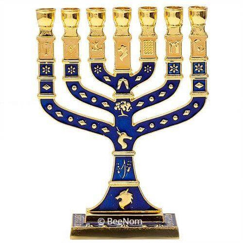 Gold-Blue Enamel Jewish Hanukkah Menorah for 7 Candle from Jerusalem