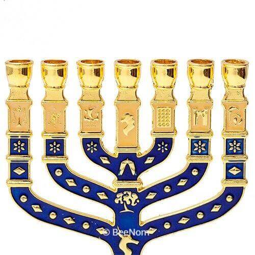 Gold-Blue Enamel Jewish Hanukkah Menorah for 7 Candle from Jerusalem 4.5"/11.5cm