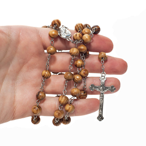 Rosary Beads from Olive Wood with Christian Cross & Virgin Mary Medallion 21"