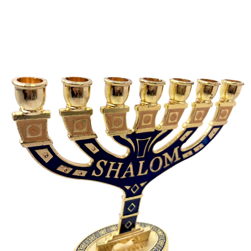 Menorah Seven-branched Candle Holder Jerusalem Blue Enamel Israel Judaica