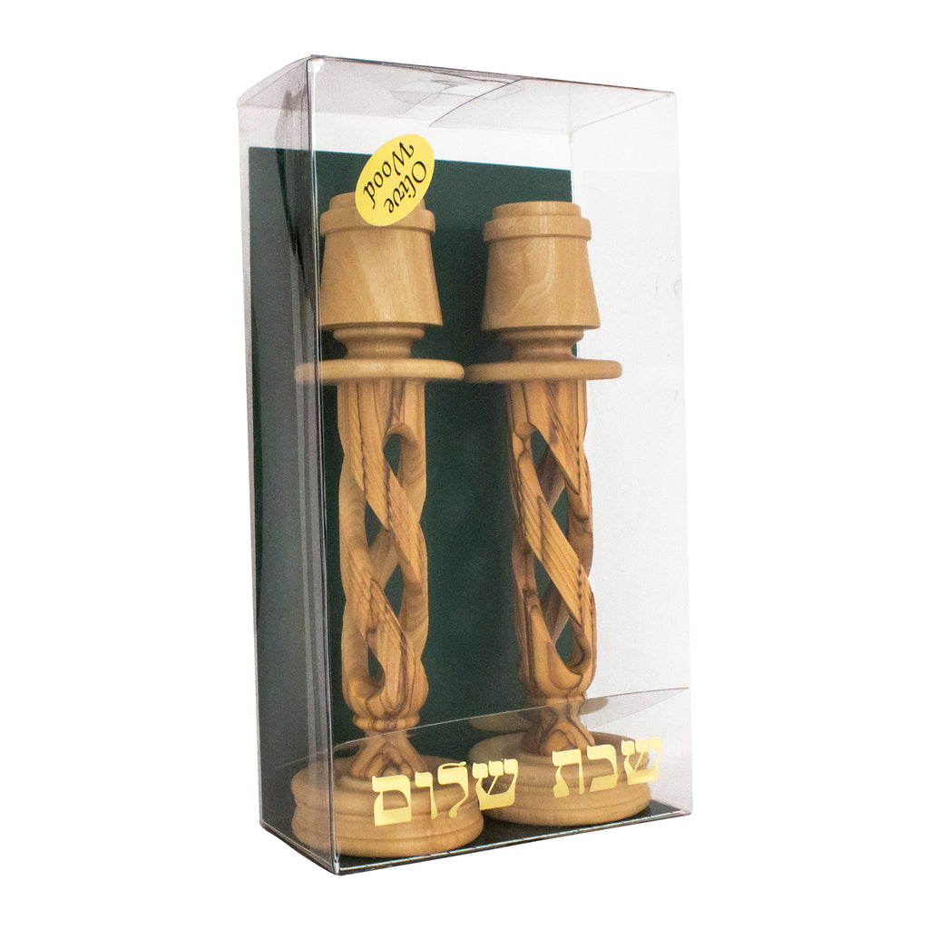 Two Bethlehem Candle Holder Hand Made Olive Wood Holy Land Souvenir 8,6"