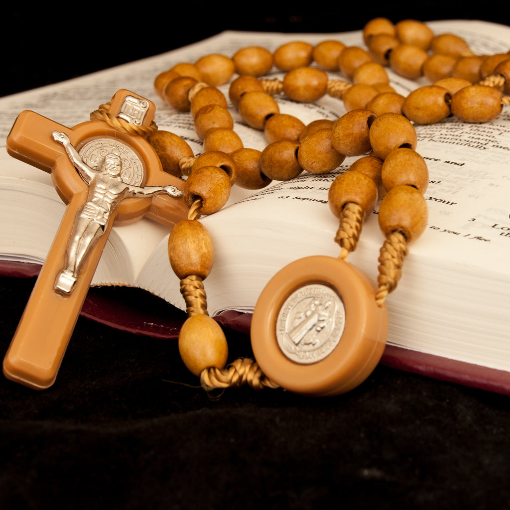 Wooden Rosary Beads Decorated w/Cross Decor with Order of Saint Benedict 20,5"