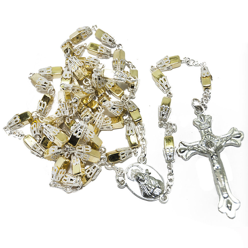 Vintage silver plated Filigree Rosary Box Virgin Mary + Rosary free 21.5"
