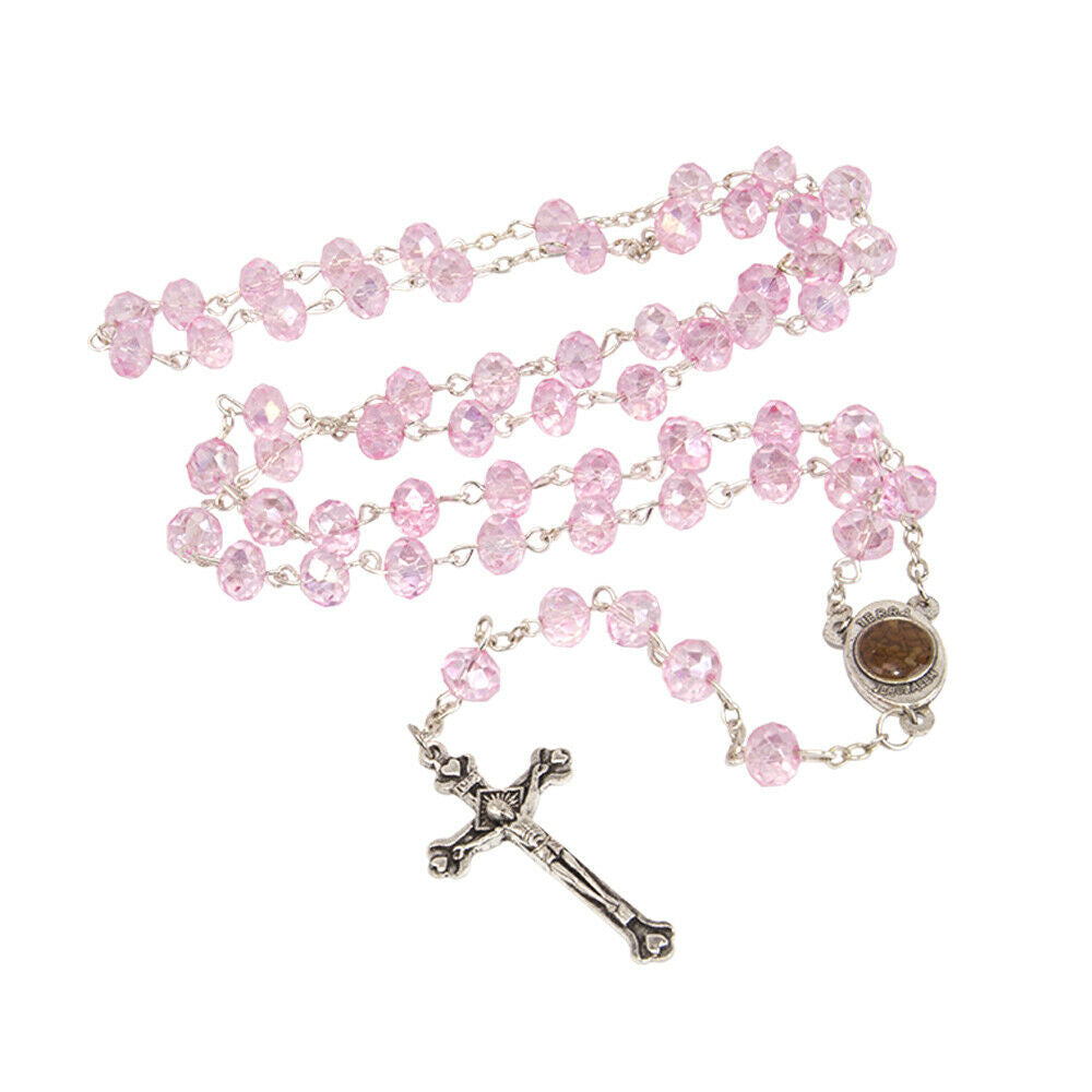 Pink Crystal Rosary Beads Crucifix Necklace w/ Holy Soil from Jerusalem 20"