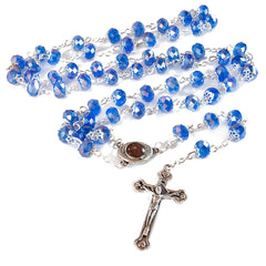 Rosary Prayer Beads INRI Blue Crystal Beaded w/ Holy Soil Jerusalem Necklace 22